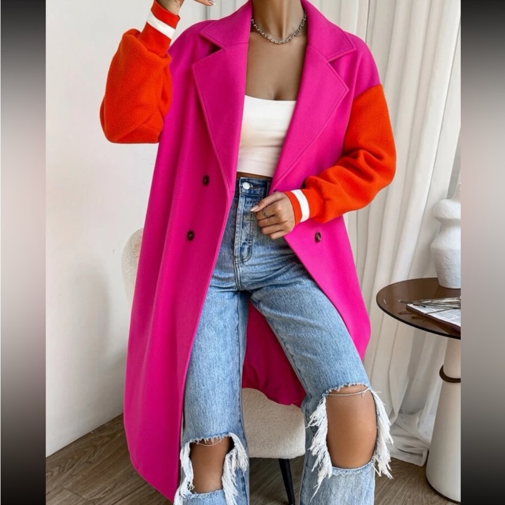 Plus Size Classic Colorblock Double Breasted Lightweight Coat - Picture 3 of 6
